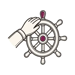 Een hand rustig op een scheepsstuurwiel.
